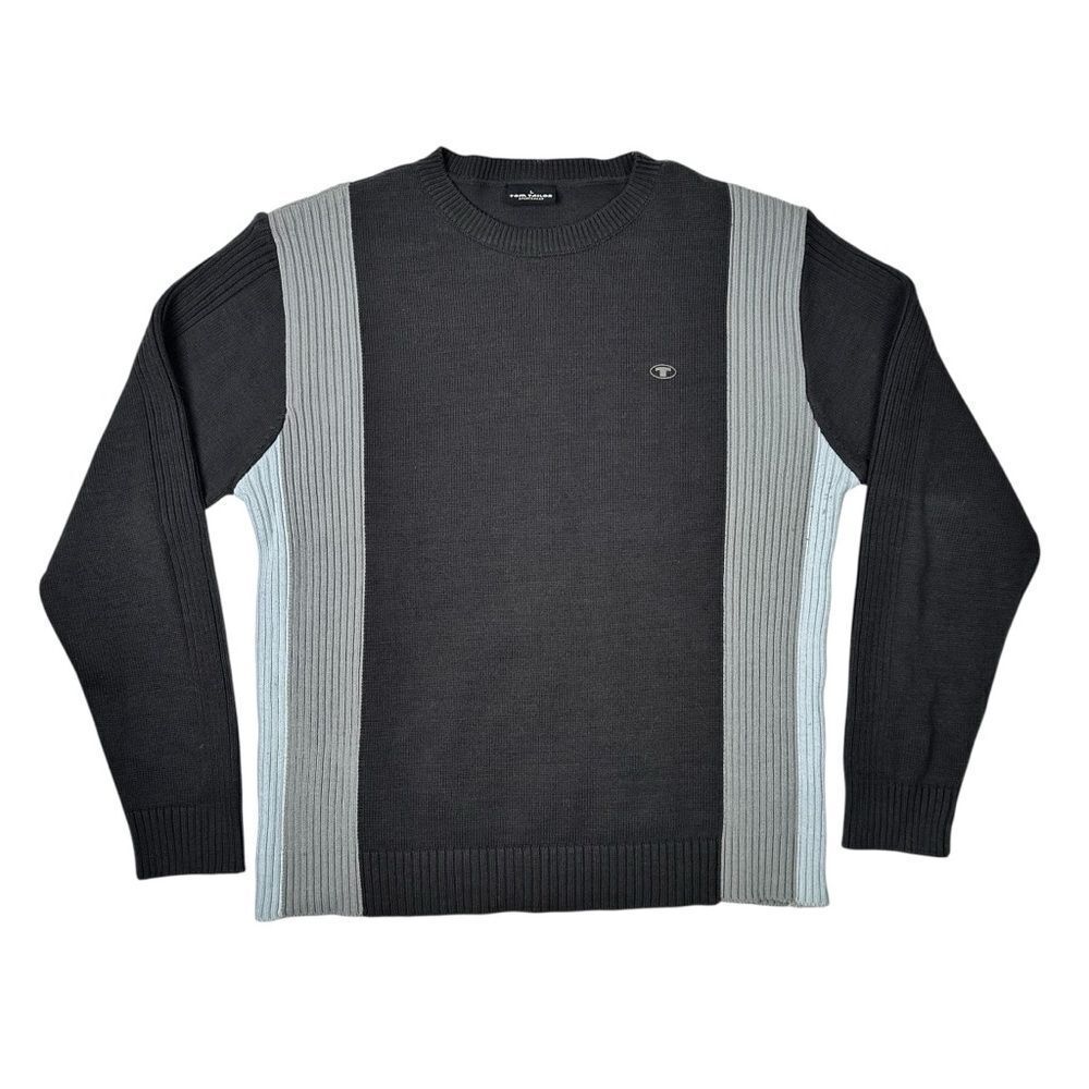TOM TAILOR Mens Crew Neck Jumper Sweater Medium Ribbed Grey Y2K VTG Colorblock